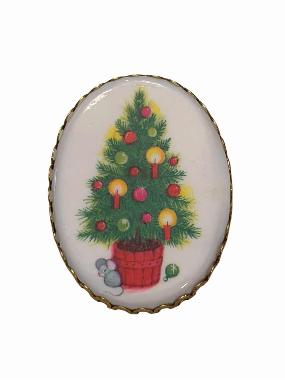 Vintage Hallmark Cameo Holiday Christmas Tree‎ Mouse Brooch Pin Festive Gold